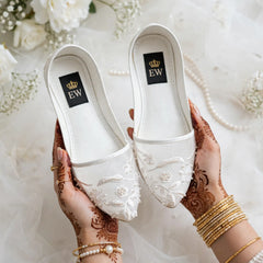 Ivory Pearl Lace Khussa - ivory bridal khussa with pearl lace floral embroidery for Nikkah by Her Footwear