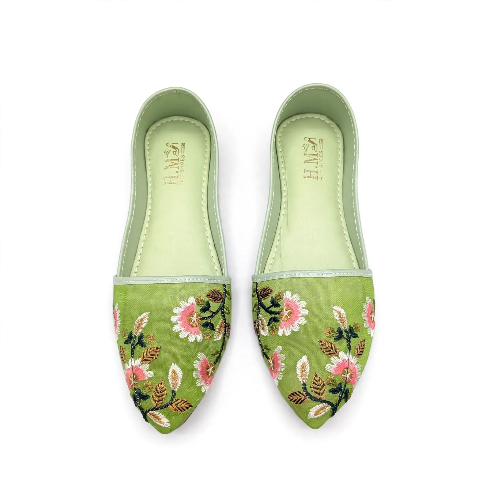 Mint Green Floral Khussa - mint green khussa with pink and white floral embroidery for women by Her Footwear
