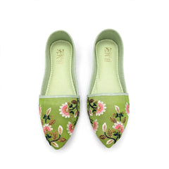 Mint Green Floral Khussa - mint green khussa with pink and white floral embroidery for women by Her Footwear