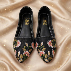 Midnight Pink Blossom Khussa on dark background, Her Footwear