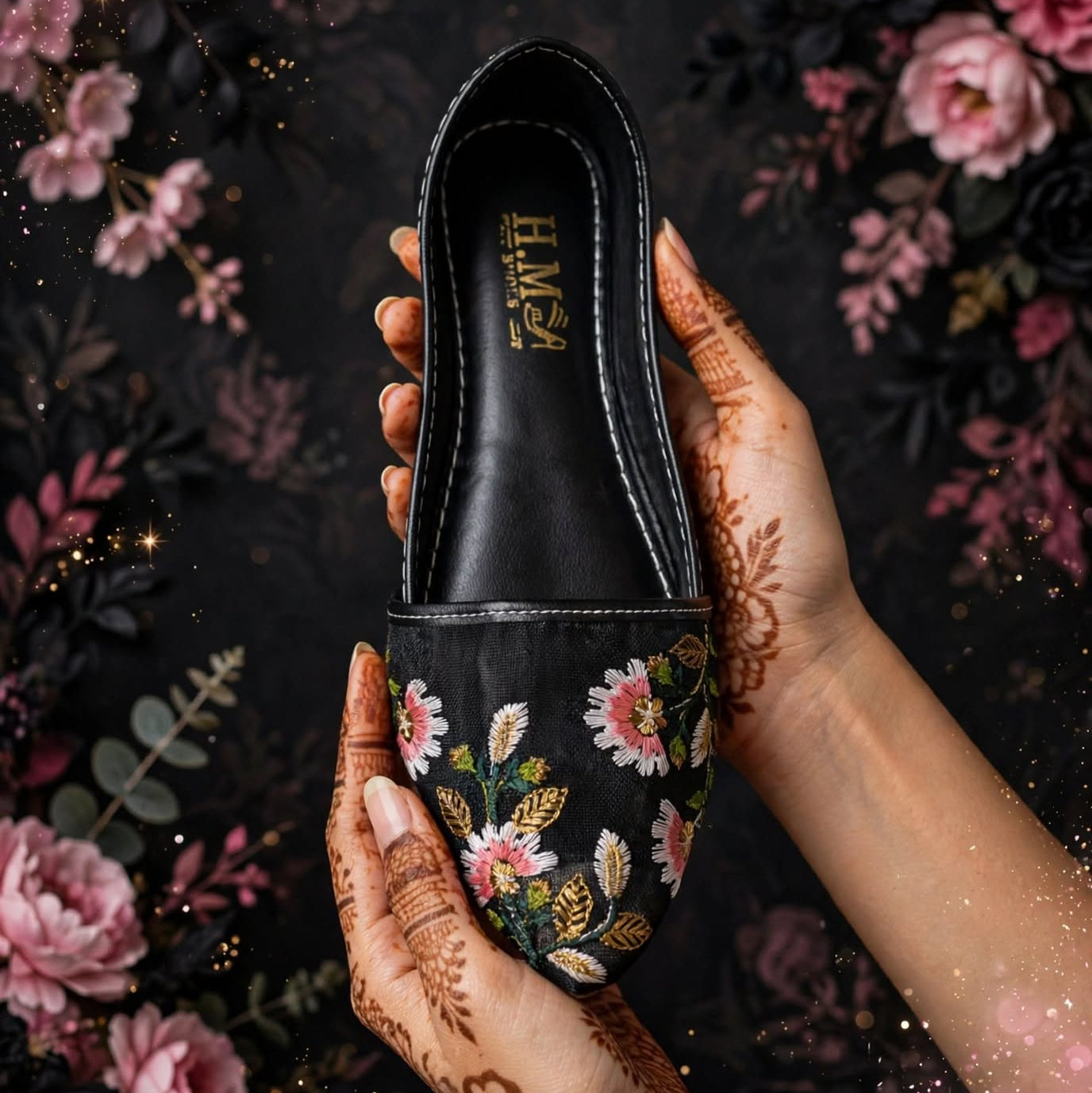Midnight Pink Blossom Khussa worn with black outfit, Her Footwear