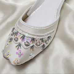 Ivory Rosette Bridal Khussa pair side view, Her Footwear