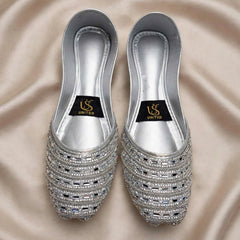 Silver Diamond Bridal Khussa on satin background, Her Footwear