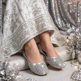 Silver Diamond Bridal Khussa with crystal beadwork, Her Footwear Pakistan