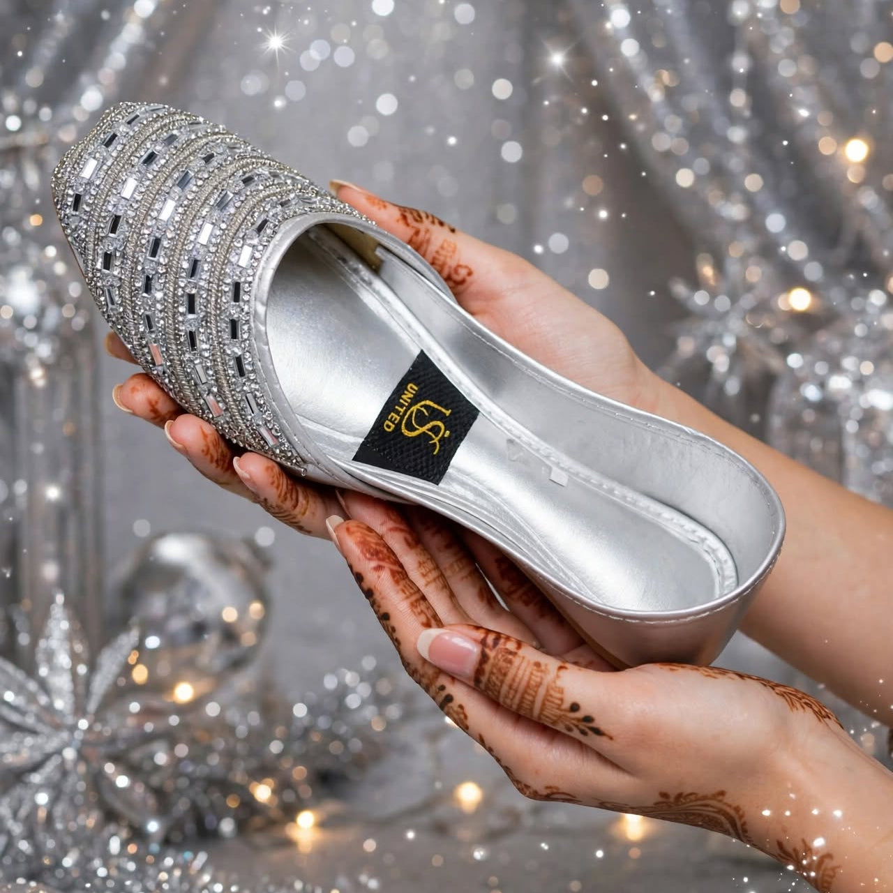 Silver Diamond Bridal Khussa worn with bridal lehenga, Her Footwear