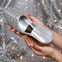 Silver Diamond Bridal Khussa worn with bridal lehenga, Her Footwear