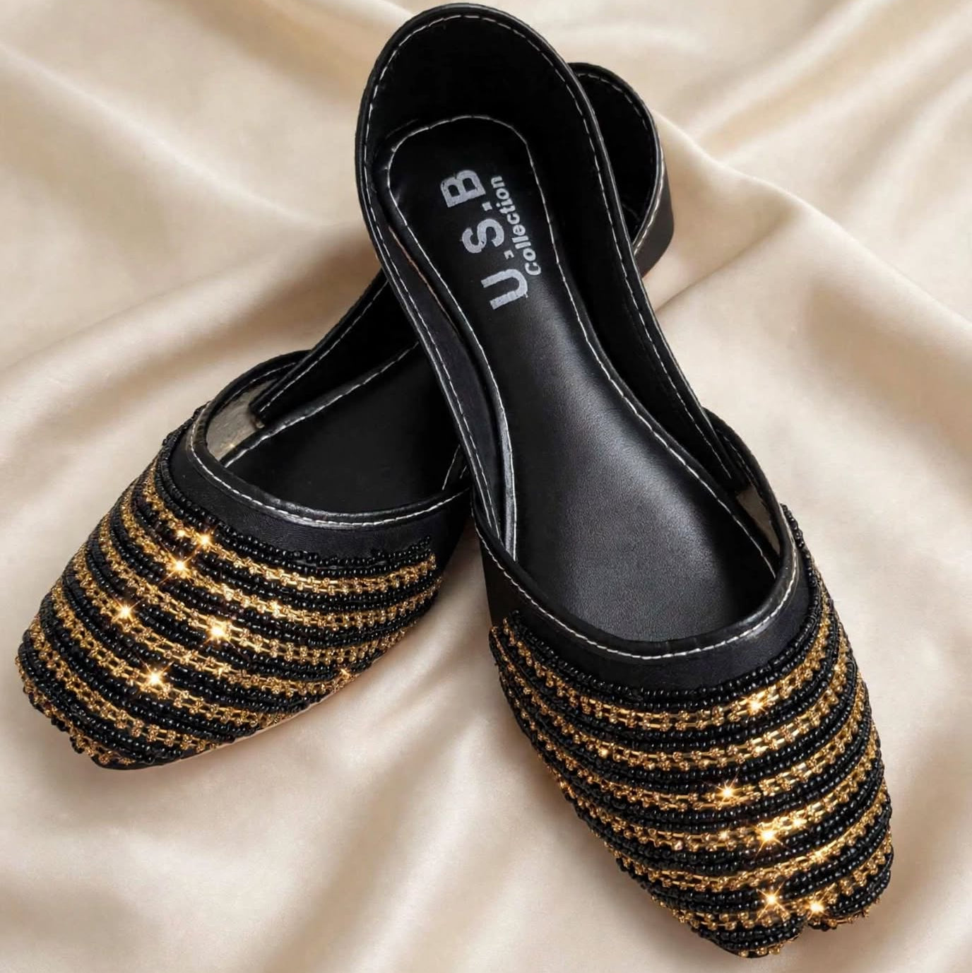 Black Golden Stripes Khussa pair side by side, Her Footwear Pakistan