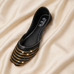 Black Golden Stripes Khussa top view on satin background, Her Footwear