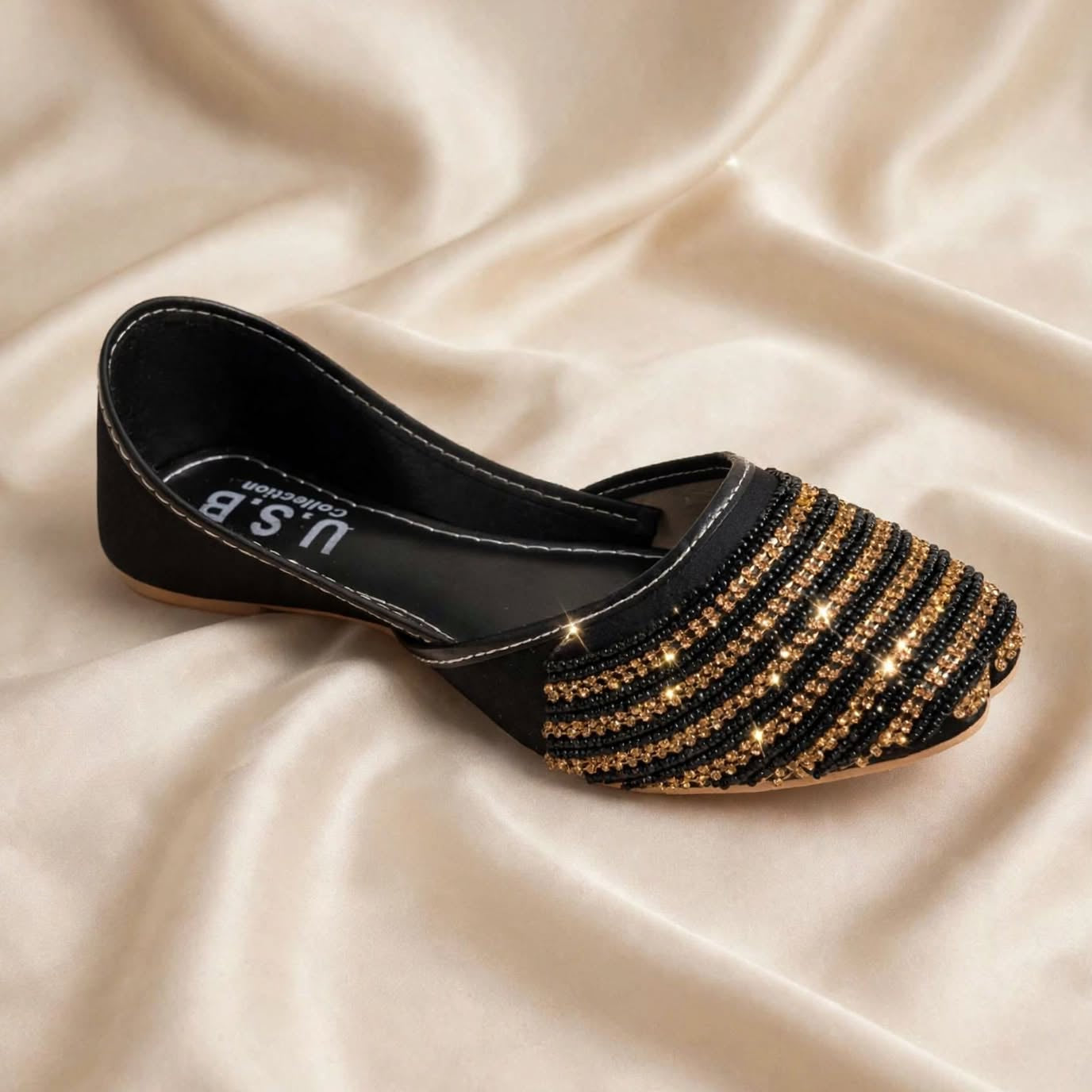 Black Golden Stripes Khussa single shoe side view, Her Footwear Pakistan