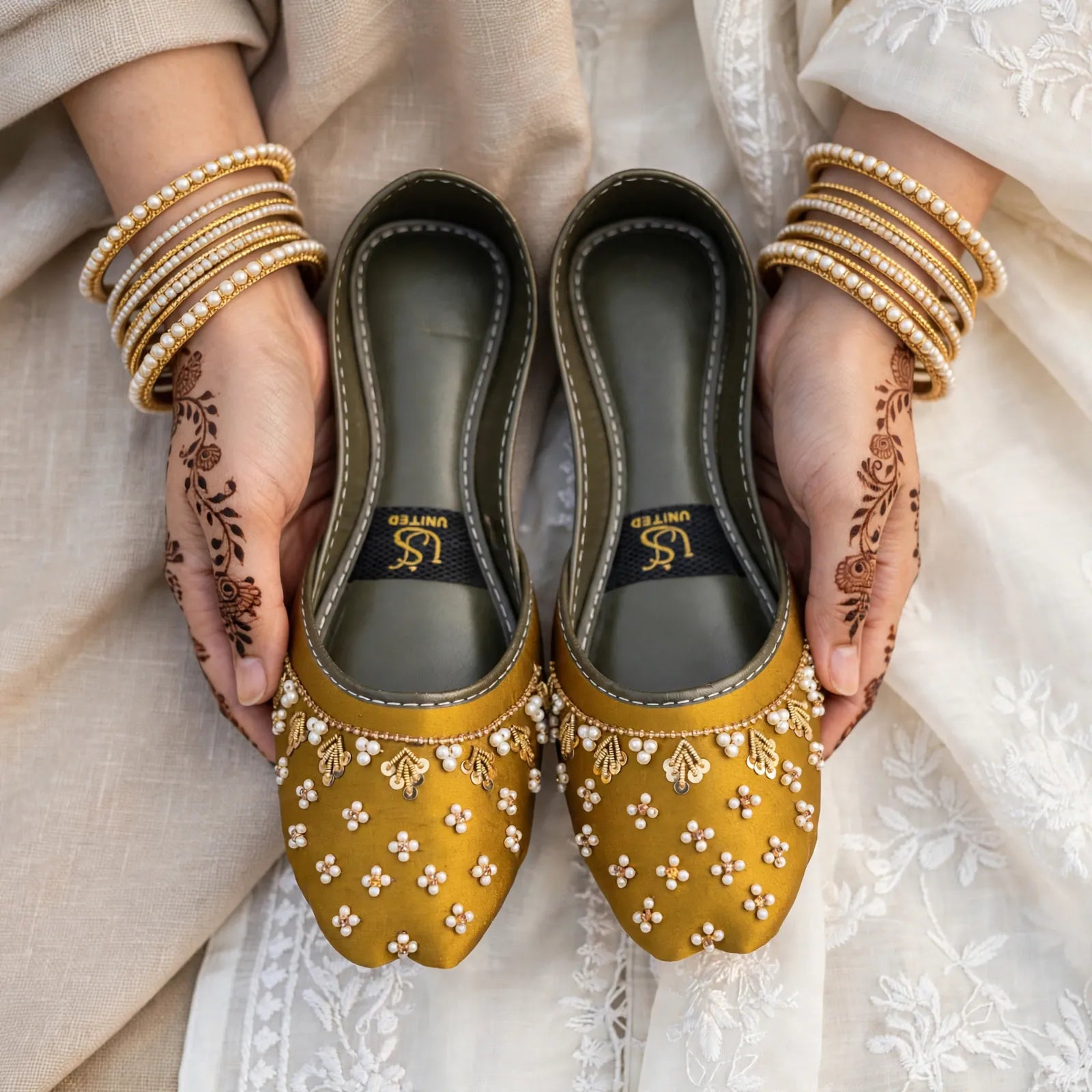 Mustard Pearl Blossom Khussa - mustard olive khussa with white pearl floral embroidery for women by Her Footwear