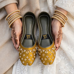 Mustard Pearl Blossom Khussa - mustard olive khussa with white pearl floral embroidery for women by Her Footwear