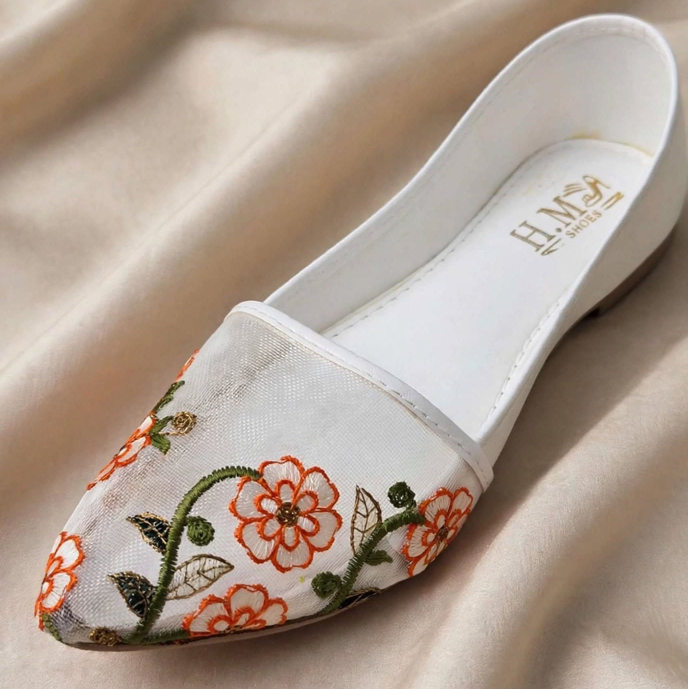 Tangerine Bloom Casual Khussa close-up floral net detail, Her Footwear Pakistan