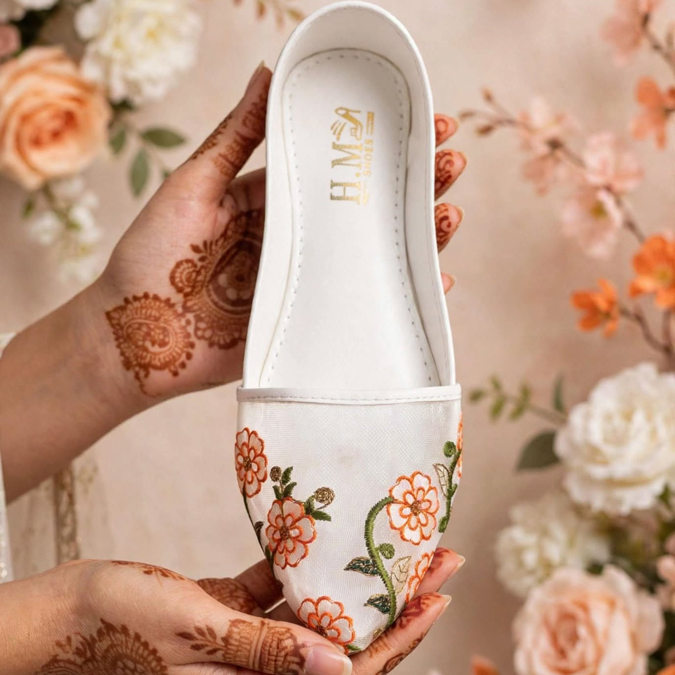 Tangerine Bloom Casual Khussa worn with white outfit, Her Footwear