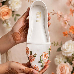 Tangerine Bloom Casual Khussa worn with white outfit, Her Footwear