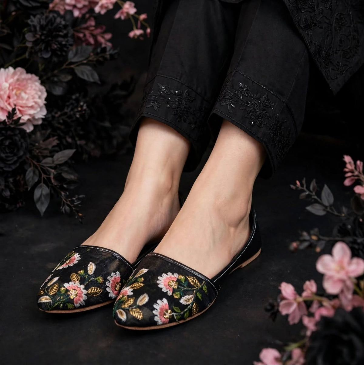 Midnight Pink Blossom Khussa with pink floral embroidery, Her Footwear Pakistan