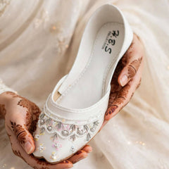 Ivory Rosette Bridal Khussa worn with bridal dress, Her Footwear