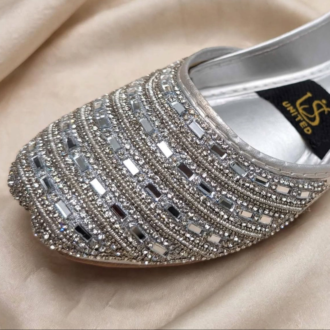 Silver Diamond Bridal Khussa close-up mirror stone detail, Her Footwear Pakistan