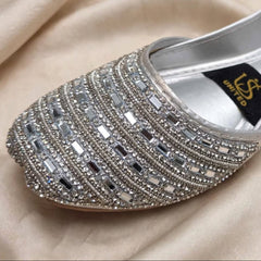 Silver Diamond Bridal Khussa close-up mirror stone detail, Her Footwear Pakistan