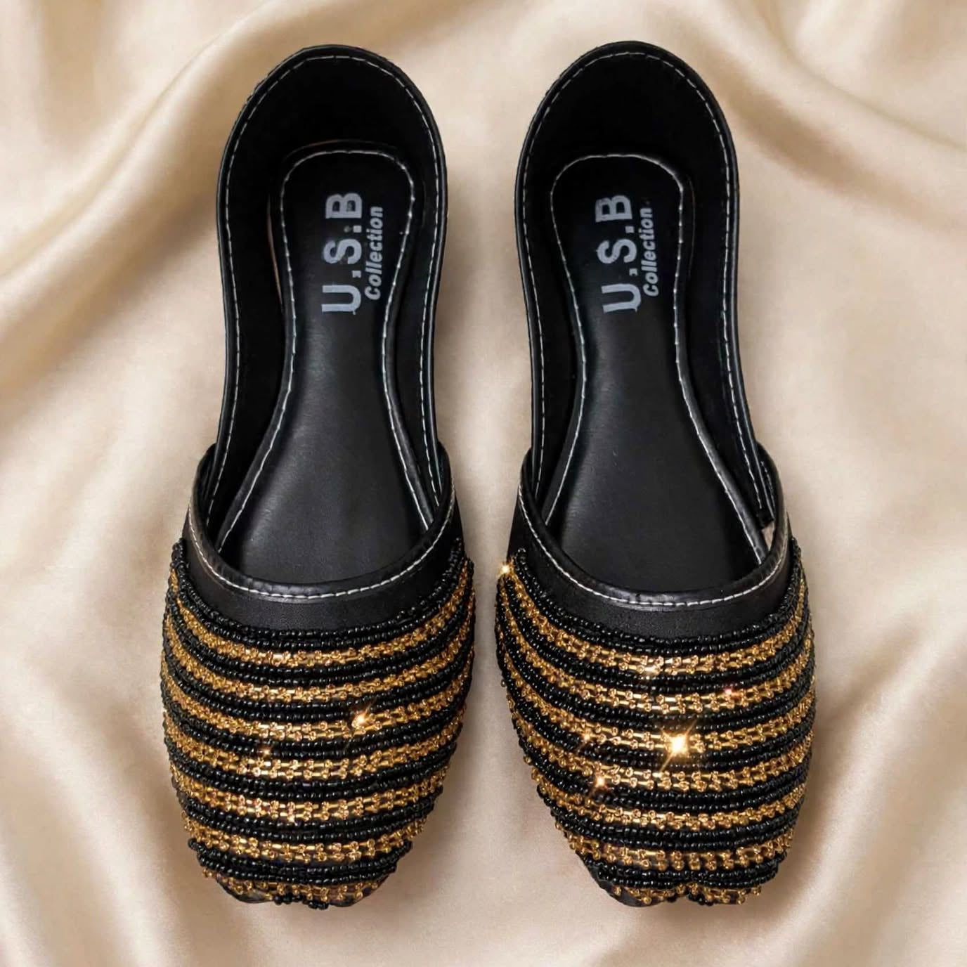 Black Golden Stripes Khussa pair top-down view, Her Footwear
