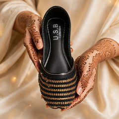 Black Golden Stripes Khussa held in hands showing interior, Her Footwear